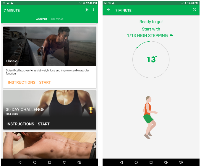 Two views of the app: exercices liste and upcoming exercice in 7 minutes.