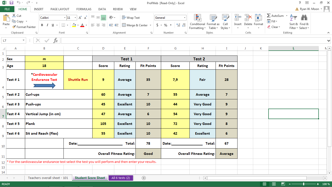 Excel sheet with results from 6 physical tests