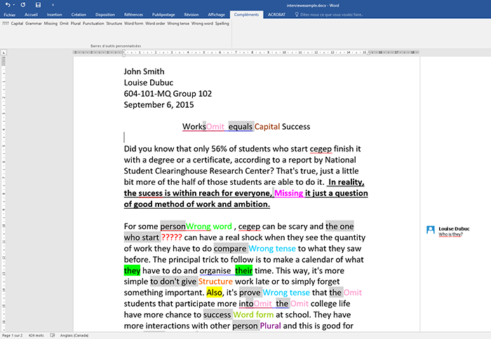 View of a written assignment. She simply highlights the error in the document and clicks on the type of error from the list of Add-ins available in her Word menu.