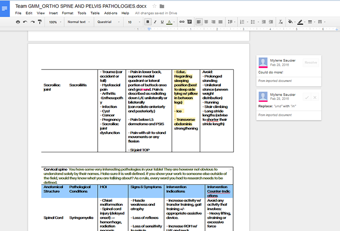 A Google Document with students' comments on the side.