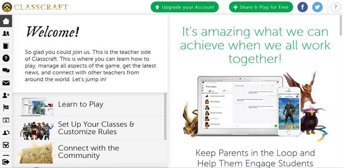 Screenshot of the teacher homescreen, presenting available tools.