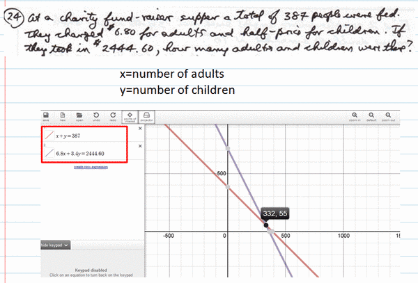Desmos is used to verify the answer to an algebraic problem where two linear equations are involved
