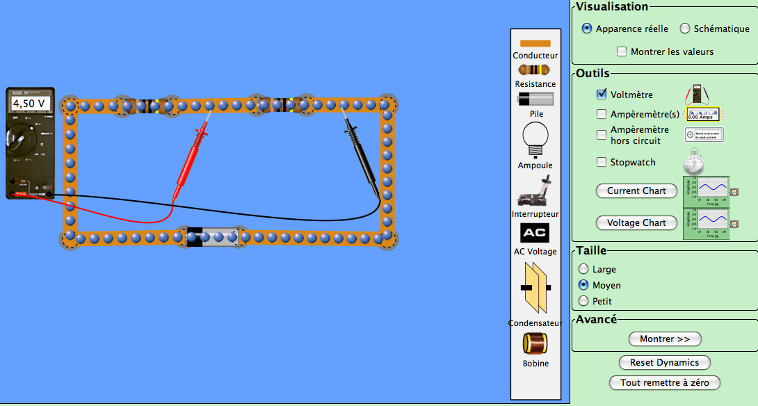Exemple d'une simulation PhET permettant de réaliser des circuits électriques
