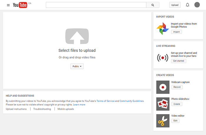 Screen capture of Youtube upload interface