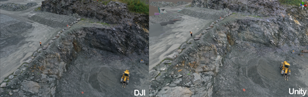 A picture taken by a drone, on the left, and a version of the same image created in Unity, on the right.