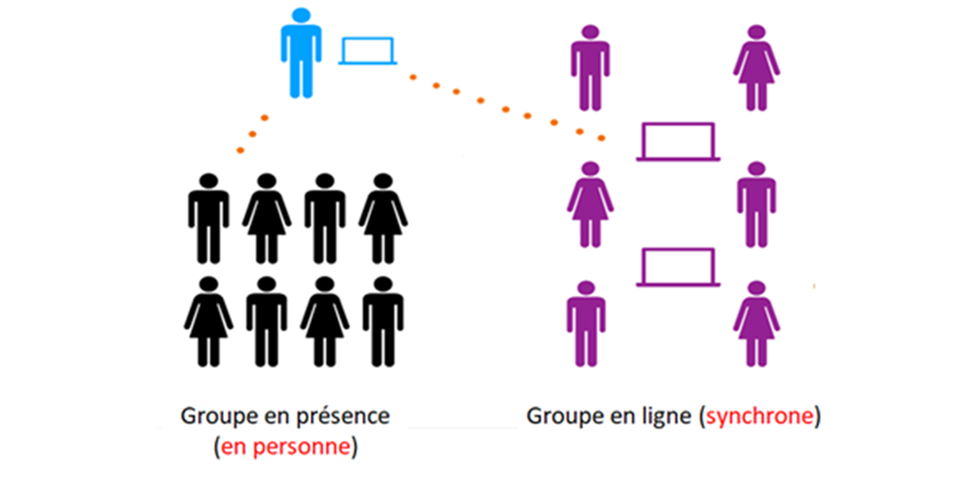 Un enseignant est représenté en bleu. Sous lui, un groupe d'étudiants en présence est illustré (identifié «Groupe en présence (en personne)»). À côté, un groupe d'étudiant à distance est illustré (identifié «Groupe en ligne (synchrone)»). Des traits relient l'enseignant à chacun des groupes.