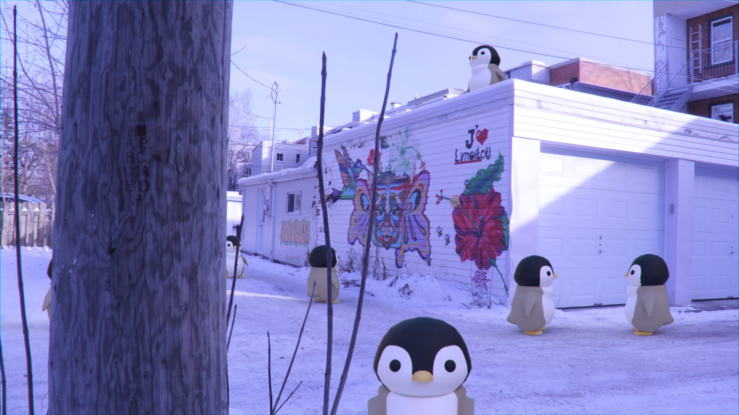 Des pingouins dessinés en 3D sont incrustés un peu partout dans une photo prise dans une ruelle de Limoilou 
