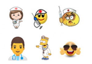 Six small images placed in 2 rows of 3. The first image shows an illustration of a nurse wearing a white cap with a red cross, a white blouse and a white skirt. The character has an oversized head with 2 black eyes, a smiling mouth, visible red cheeks, but no nose. The second image shows a yellow smiling face, in the manner of classic emoticons, wearing a white cap marked with a red cross and holding a syringe in its single hand (it has no body). The third image is very similar to the second, but the emoticon is angry, threatening. The fourth image is the bust of a male character with yellow skin and short brown hair wearing a stethoscope around his neck, over a white lab coat. The fifth is Bart Simpson dressed as a doctor (white coat, stethoscope, headlamp). The sixth is an emoji with a wide smile wearing big sunglasses. It has no body, but 2 floating hands giving the thumbs up.