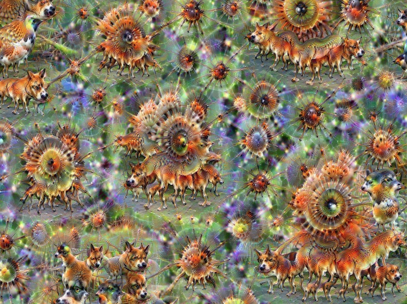 Une multitude d’images d’un canidé roux se superposent en rosettes. Le résultat fait penser à des fractales.