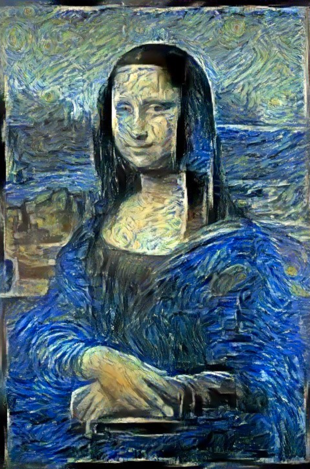A version of The Mona Lisa that appears painted with broad, expressive brushstrokes, in the midnight blue, black and yellow hues of VanGogh's The Starry Night. 