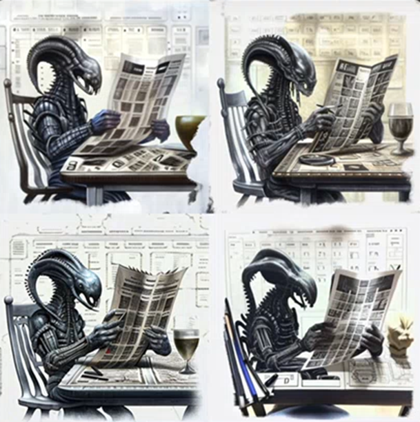 4 similar illustrations showing a xenomorph (monster in the movie Alien) seated at a table reading a newspaper it is holding with both hands. In 2 images, a glass that looks like a beer glass is placed on the table. In another image, we see what looks like a portion of a bowl. In the 4th image, an item that cannot be identified (maybe the head of a small dog behind the table?). In 3 images, we can see a pencil, either on the table or in the xenomorph’s hand. One image displays a plate placed on the table. In each picture, the table surface and the image background are decorated with patterns suggesting technical charts or plans, but they are too blurry to identify the details.