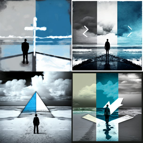 4 similar images, all in blue and gray shades (with some black and white as well). All of them show the black outline of a man alone, from behind, standing on a beach with a cloudy sky on the horizon. In each image, geometric shapes are superimposed to the representation of the man on the beach. The first image is vertically divided into 2 parts: on the left half, the sky is grey, and the water is blue, and all is inverted on the right half. A cross is drawn in the middle of the image. The second image is vertically divided into 3 parts: the left part is grey, the one in the middle is whiter, and the one on the right is blue. White broken lines are drawn in the sky on the left and right parts. In the third image, a gigantic triangle is on the beach in front of the man, similar to a pyramid but with a two-dimensional appearance. The left half is blue, and the right half is white. Finally, the fourth image is vertically divided into 3 parts, just like the second one. The middle part is blue, and the 2 others are grey. An undefined shape resembling a lightning bolt is in front of the man, stretching from the horizon to him. In the middle of the image, a huge arrow is starting from the sea, pointing toward the man’s feet.