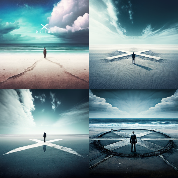 4 similar images. All of them show the outline of a character, seen from the back, standing alone on a beach (except for the third image, in which the man seems to be in a desert), with a cloudy sky on the horizon. In the first image, traces in the sand form an arrow pointing toward the character. In the second picture, the character is standing in front of an enormous X that seems to be emerging from the sand in front of him (similar to a stone structure). In the third one, the character is standing in the middle of an X that seems to be traced flat on the glassy ground. In the fourth one, the man is standing inside a circle in which 2 large arrows come together in the middle.