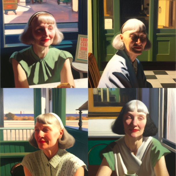 4 illustrations d'une femme aux cheveux gris, souriante, assise à la table d'un café fenestré et ensoleillé. Dans les 4 images, les tons de vert dominent (soit à cause des vêtements de la femme, soit à cause de la couleur des murs ou de l'ameublement).