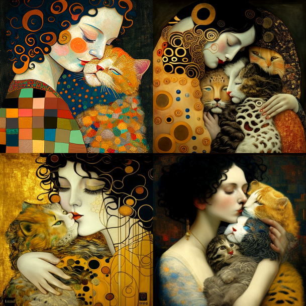 4 illustrations of a woman tenderly kissing one or more cats. The 4 images remind us of the painting The Kiss by Gustav Klimt, each in their own way. Some have a painting style similar to Klimt’s, with circular patterns integrated into the characters, but one of them is more realistic. Nonetheless, this image reminds us of the work of Klimt through the woman’s posture and the warm colours.