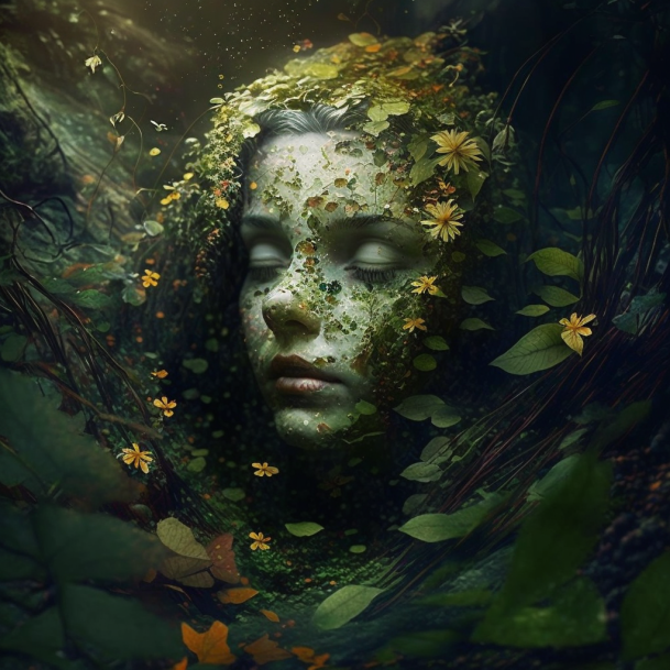 Illustration montrant le visage d'une belle jeune femme au teint pâle et verdâtre, les yeux fermés et l'air paisible, dépassant d'un enchevêtrement de tiges, de branches et de feuilles. Les cheveux de la femme sont cachés par des feuilles et des fleurs.