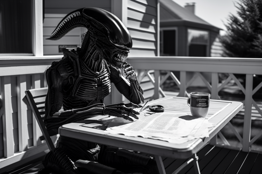 Black and white image with a photorealistic style. A xenomorph is seated in front of a patio table on a wooden terrace attached to a house. We see a neighbouring house in the background. The xenomorph has one hand on its chin, as if it were thinking. Its other hand seems to be holding a pen, but a slight defect in the image makes it seems as if floating, or incomplete. A newspaper is laid out on the table in front of the xenomorph; the xenomorph is looking at it. We do not see any crossword puzzles on the paper. A cup is on the table, next to the newspaper.