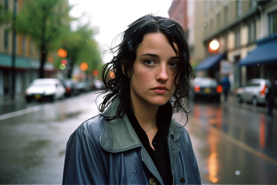 View of a woman wearing a light coat, with hair slightly wet by the rain. The image resembles a photo. The image focus is on the young woman; the background is blurry. The background shows a street. The pavement is wet. There seems to be small raindrops on the camera lens.