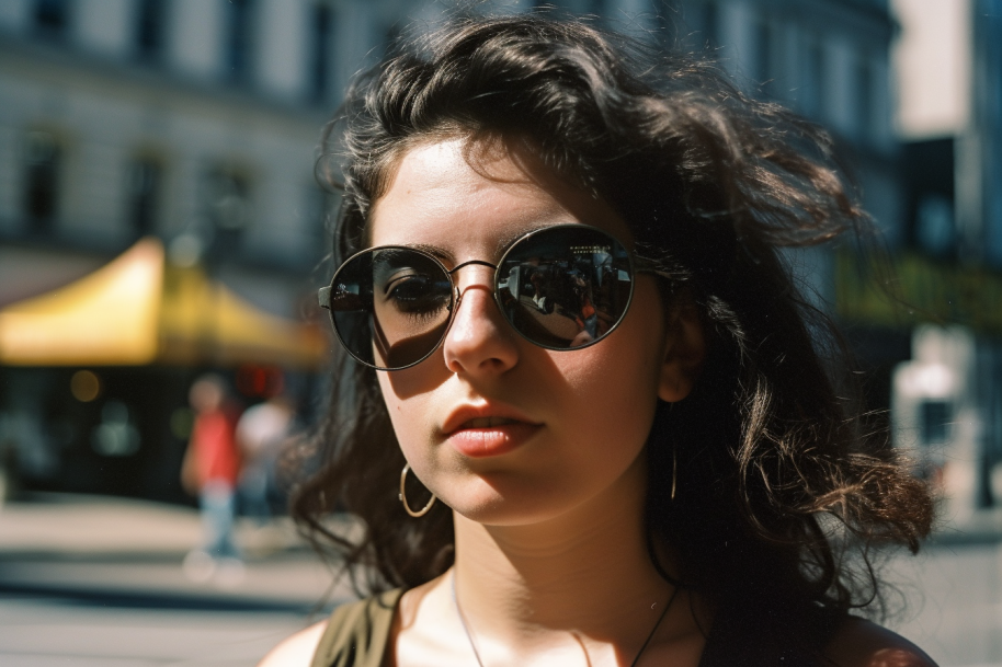 The face of a young woman wearing sunglasses; the sun illuminates her face. The image resembles a photo. The image focus is on the young woman; the background is blurry. The background shows an urban landscape.