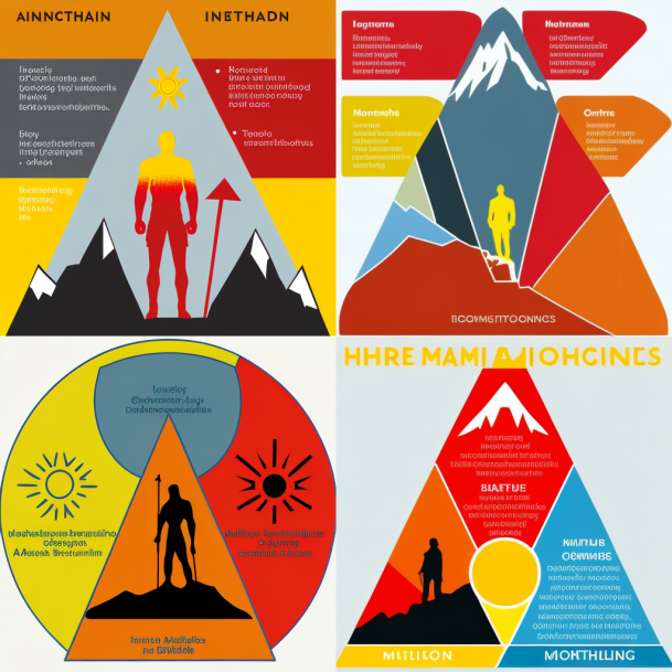 4 illustrations in an infographic style, all displaying the outline of a person alone at the top of a mountain and showing text (incomprehensible; invented words). Each image highlights a triangle (as a frame around the character on the mountain) reminding the shape of a mountain. 3 of the images also show a sun (one of them shows 2). The images are in shades of orange, yellow, red, and blue.