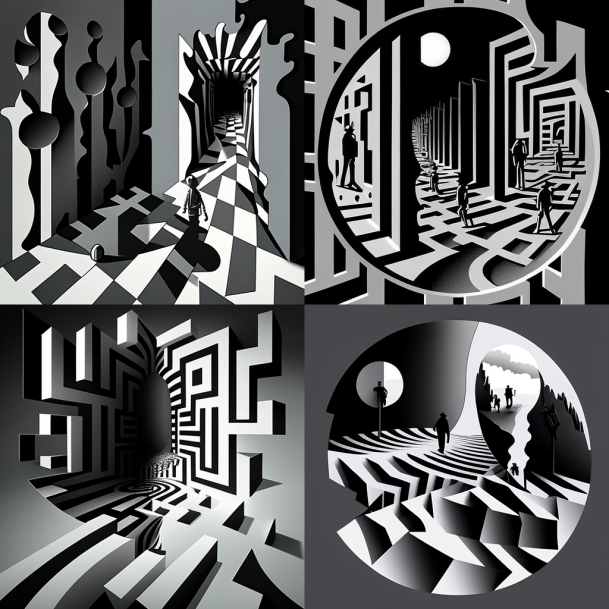 4 images show black and white patterns: disturbing and irregular tiled hallways with black and white floors, or black and white mazes. 2 images show many black outlines walking in these abstract spaces.