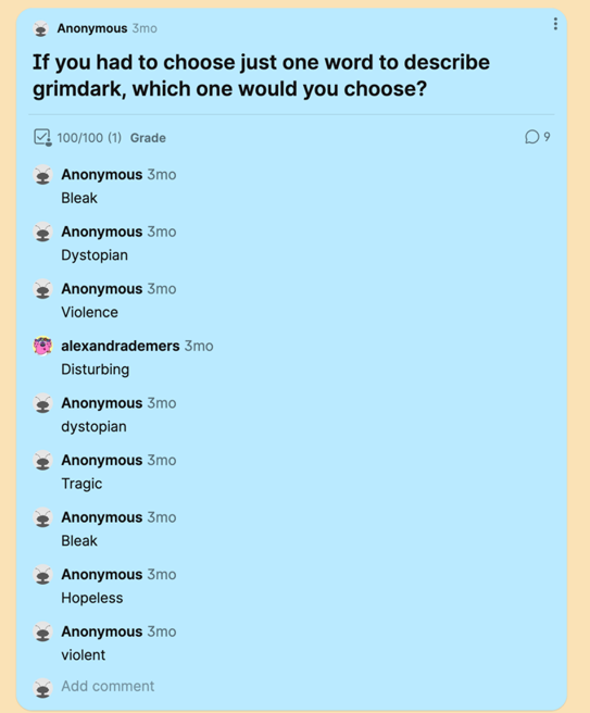 Screenshot of a question included on the check test on a padlet. It reads: “If you had to choose just one word to describe Grimdark, which one would you choose?” In the comments section, it reads: “Bleak, Dystopian, Violence, Disturbing, dystopian, Tragic, Bleak, Hopeless, violent.”