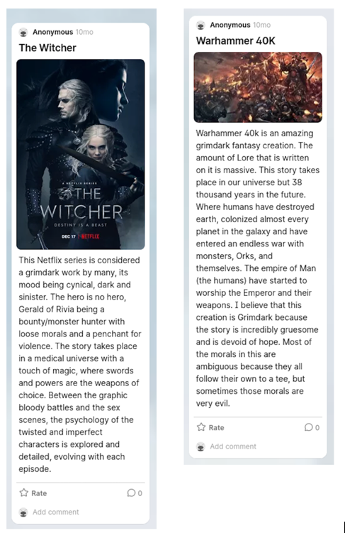 Screenshot of 2 postings. The first posting is titled “The Witcher” and it reads: “This Netflix series is considered a grimdark work by many, its mood being cynical, dark and sinister. The hero is no hero, Gerald of Rivia being a bounty/monster hunter with loose morals and a penchant for violence. The story takes place in a medical universe with a touch of magic, where swords and powers are the weapons of choice. Between the graphic bloody battles and the sex scenes, the psychology of the twisted and imperfect characters is explored and detailed, evolving with each episode.” The second posting is titled ‘Warhammer 40K” and it reads: “Warhammer 40K is an amazing grimdark fantasy creation. The amount of Lore that is written on it is massive. The story takes place in our universe but 38 thousand years in the future. Where humans have destroyed earth, colonized almost every planet in the galaxy and have entered an endless war with monsters, Orks, and themselves. The empire of Man (the humans) have started to worship the Emperor and their weapons. I believe that this creation is Grimdark because the story is incredibly gruesome and is devoid of hope. Most of the morals in this are ambiguous because they all follow their own to a tee, but sometimes those morals are very evil.” 