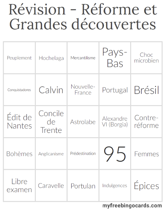 Un tableau de 5 lignes et 5 colonnes de cases est intitulé "Révision - Réforme et Grandes découvertes". Chaque case porte un mot (ou un nombre, dans un cas). Dans l'ordre (ligne par ligne, de gauche à droite): "Peuplement", Hochelaga", "Mercantilisme, "Pays-Bas", "Choc microbien", "Conquistadores", "Calvin", "Nouvelle-France", "Portugal", "Brésil", "Édit de Nantes", "Concile de Trente", "Astrolabe", "Alexandre VI (Borgia)", "Contre-réforme", "Bohèmes", "Anglicanisme", "Prédestination", "95", "Femmes", "Libre examen", "Caravelle", "Portulan", "Indulgences", "Épices". Sous la carte, il est écrit "myfreebingocards.com". 