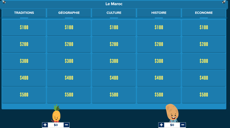 On a blue background, a grid representing 5 questions across 5 categories is displayed. The categories, in French, are listed in 5 columns: traditions, geography, culture, history and economy. In each column, there are 5 rows of questions identified by an amount ranging from $100 to $500. At the bottom of the screen, two avatars, a cartoon-style pineapple and a cartoon-style potato, represent 2 teams.