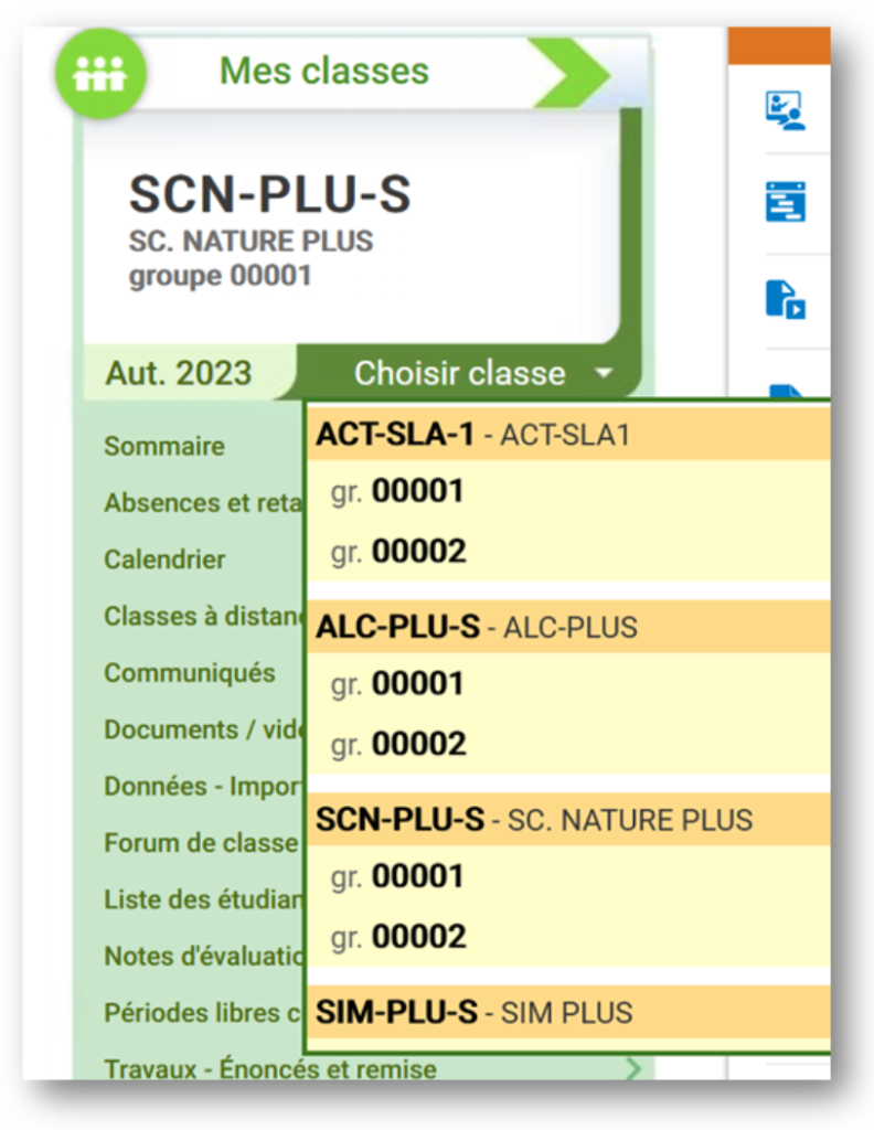 Capture d'écran du menu principal de Léa. Le sous-menu "Choisir classe" est ouvert et la liste des classes affichées contient "ACT-SLA-1", "ALC-PLUS", "SC. NATURE PLUS" et "SIM PLUS".
