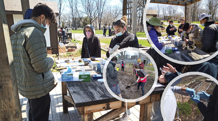 An image of 4 young adult college students standing around a table in an outdoor space looking at various plant samples. 3 circular images are superimposed on the main image. They show students using shovels to work in the gardens, a close-up shot of the hands of 2 students wearing blue latex gloves to manipulate a plant sample, and another image of students standing around the table in an outdoor space covered by a pergola.