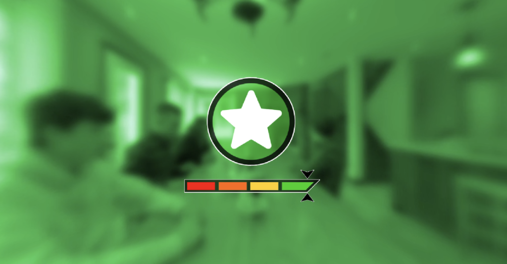  Capture d'écran prise pendant l'une des Simulations d'intervention en réalité virtuelle pour les Techniques d'éducation spécialisée du CCDMD. On distingue les silhouettes des comédiens de la simulation en arrière-plan, mais l'écran est devenu vert. Une grosse étoile apparaît au centre de l'écran. En dessous de l'étoile, un curseur est placé à l'extrémité gauche d'une échelle à 4 couleurs: rouge, orange, jaune et vert. Le curseur est donc à l'extrémité de la zone verte de l'échelle. 