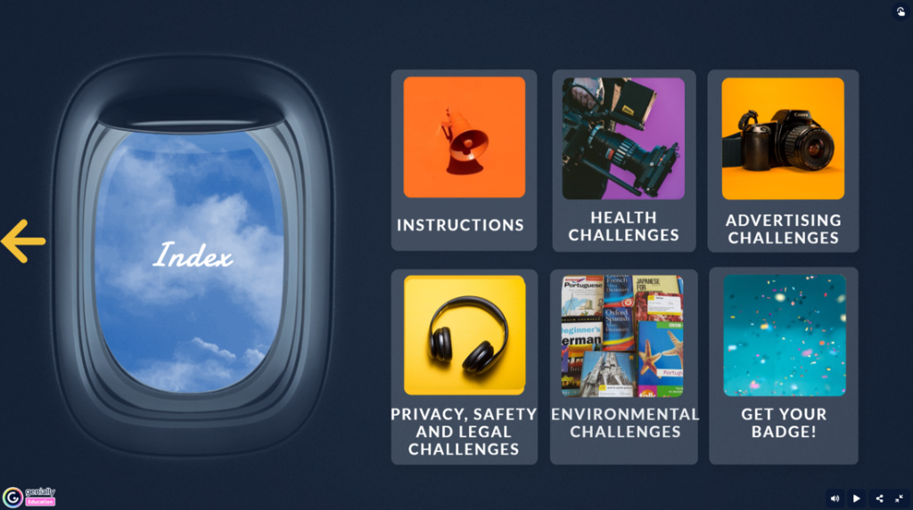 Against a dark blue background, we see an airplane window showing clouds on the left, with the word “index” written on it. On the right, we see 6 tiles presented in 2 rows of 3. The top row contains, from left to right, the tiles labelled “instructions,” “health challenges,” and “advertising challenges.” On the bottom row are the tiles “privacy, safety and legal challenges,” “environmental challenges,” and “get your badge!”