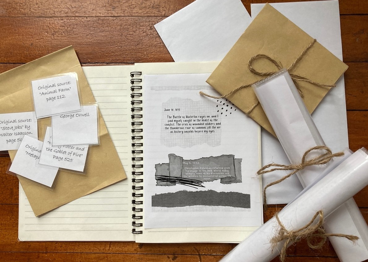 The escape room materials are scattered on a table. There are scrolls of paper, kraft paper envelopes, puzzle pieces, and an open journal with illegible text. 